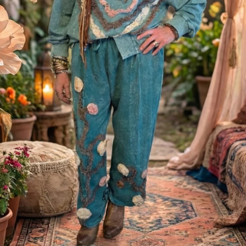 Bohemian Teal Straight-Leg Embroidered Pants